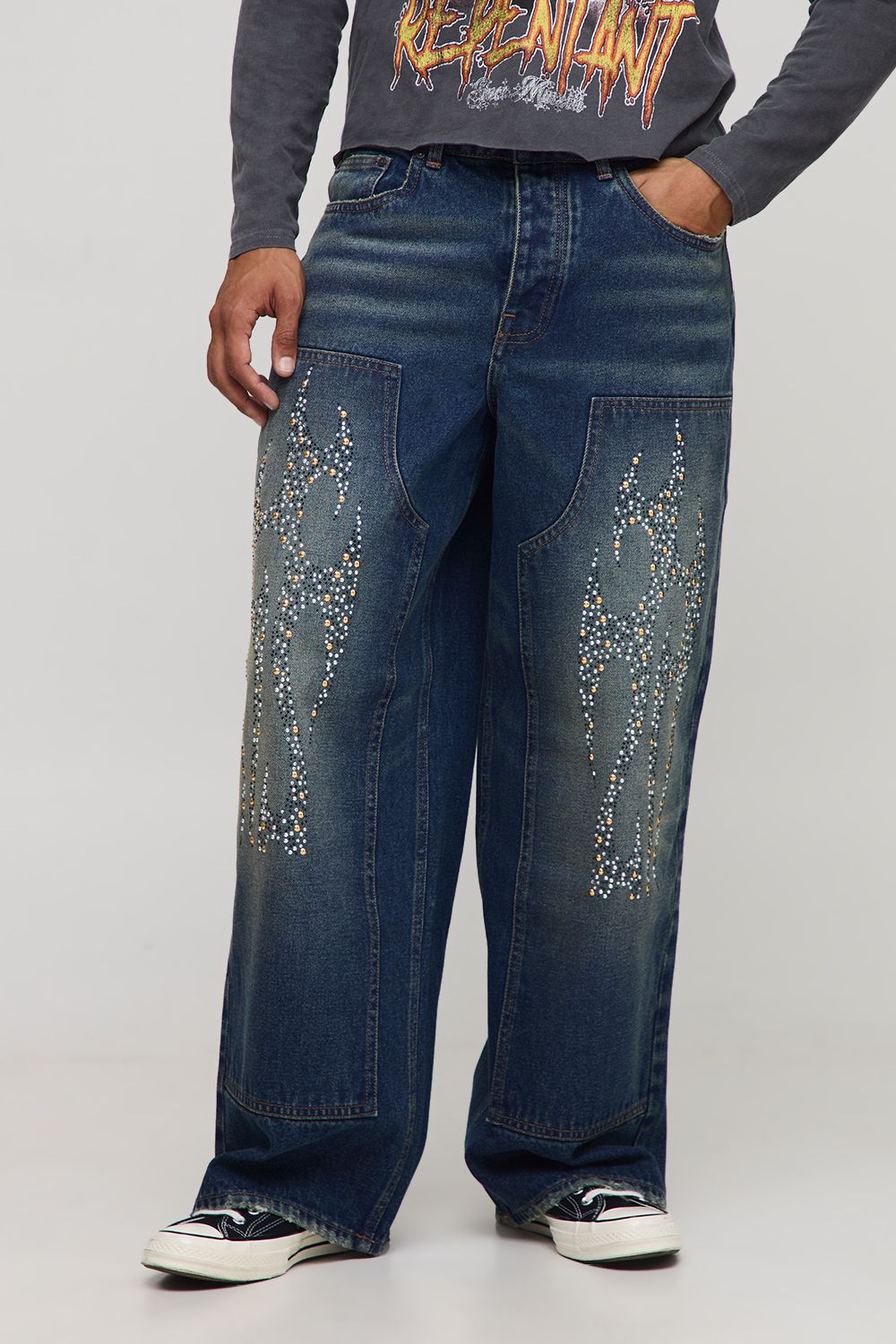 Baggy Embellished Tribal Carpenter Jeans