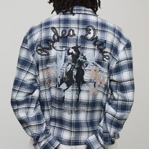 Oversized Boxy Western Embroidered Check Long Sleeve Shirt