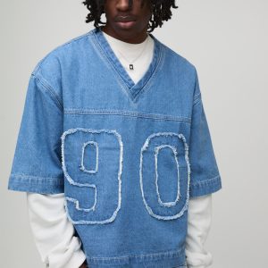 Oversized Boxy Faux Layer Denim Football T-Shirt