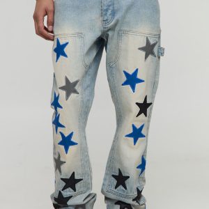 Slim Flared Stacked Star Applique Jeans