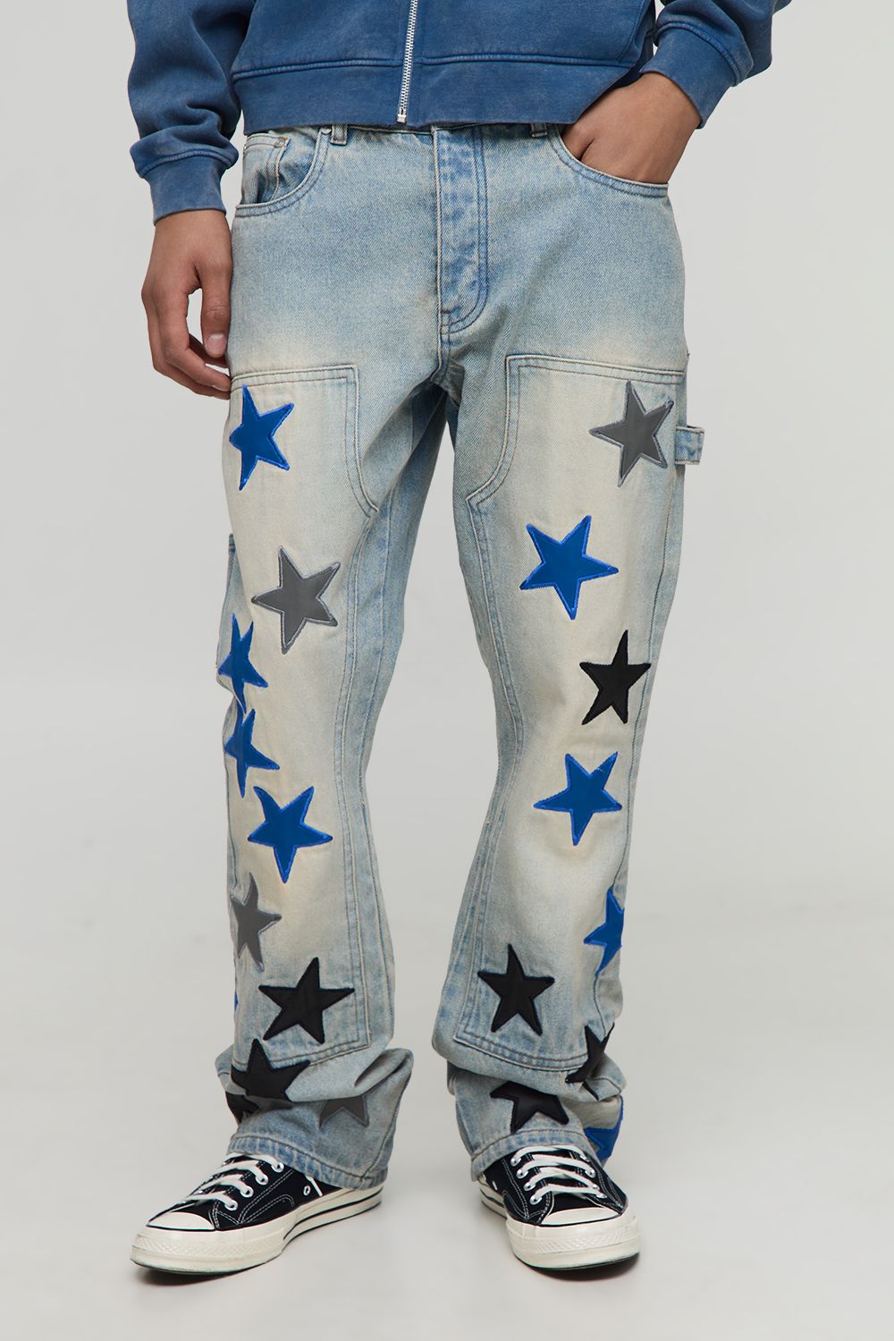 Slim Flared Stacked Star Applique Jeans