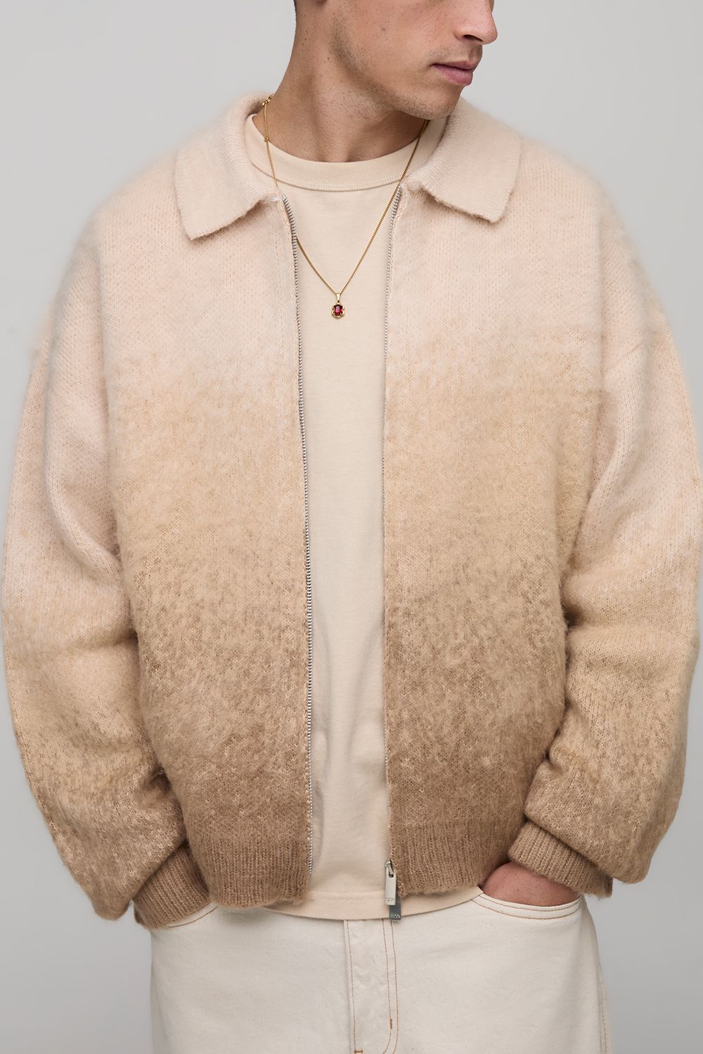 Boxy Fit Ombre Zip Through Knitted Harrington