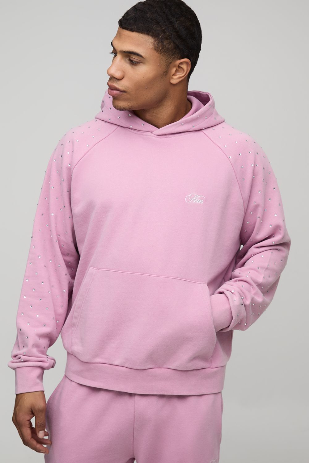 Oversized Boxy Man Rhinestone Washed Raglan Hoodie