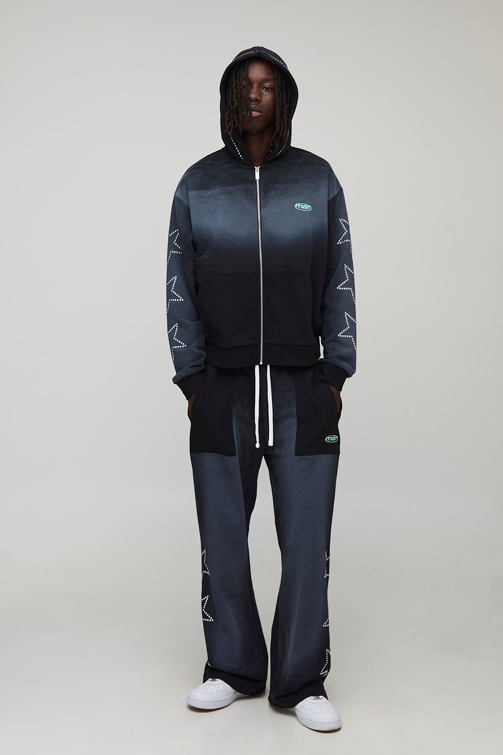 Oversized Boxy Man Studded Wash Zip Through Hooded Tracksuit