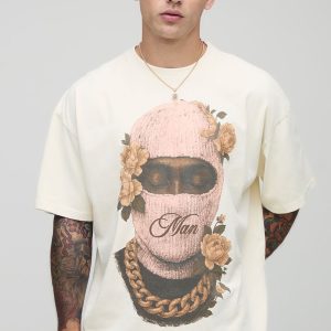 Ecru Oversized Man Floral Ski Mask Printed Washed T-Shirt