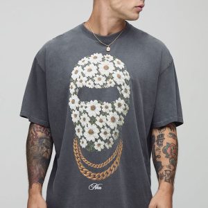 Charcoal Oversized Man Daisy Ski Mask Printed T-Shirt