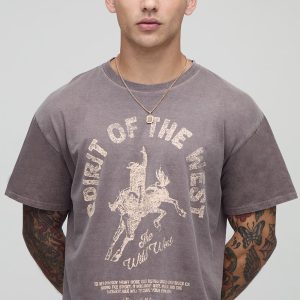Chocolate Shrunken Boxy Western Raw Hem Washed Graphic T-Shirt