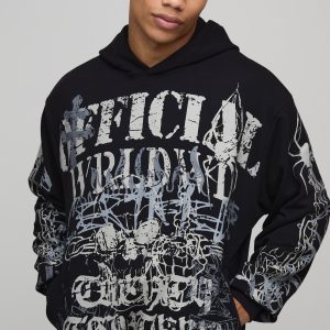 Oversized Boxy Hemless Loopback Graphic Hoodie