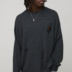 Boxy Distressed Knitted Jumper
