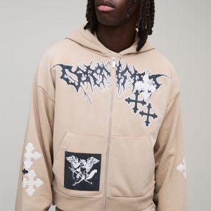 Shrunken Fit Zip Through Cross Applique Washed Hoodie