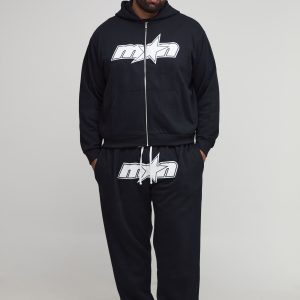 Plus Oversized Boxy Zip Through M-Star Print Hoodie & Baggy Fit Jogger Tracksuit