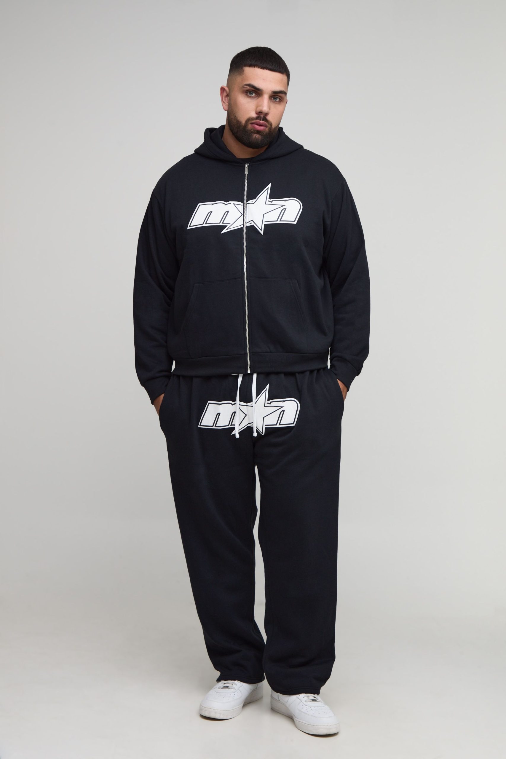 Plus Oversized Boxy Zip Through M-Star Print Hoodie & Baggy Fit Jogger Tracksuit