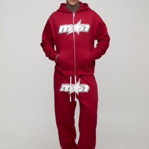 Tall Oversized Boxy Zip Through M-Star Print Hoodie & Baggy Fit Jogger Tracksuit