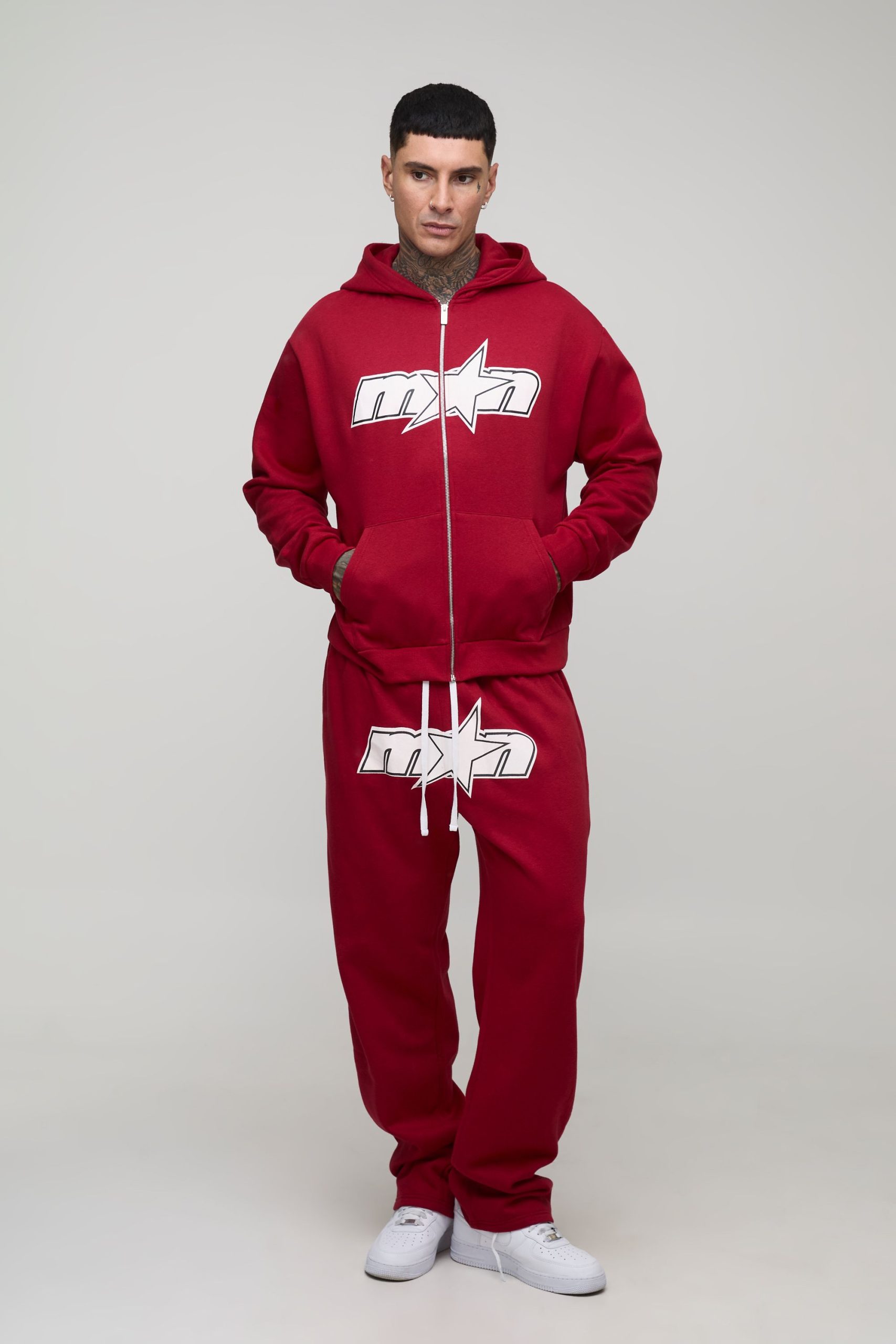 Tall Oversized Boxy Zip Through M-Star Print Hoodie & Baggy Fit Jogger Tracksuit