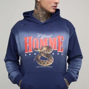Tall Oversized Boxy Homme Western Spray Wash Distressed Hoodie