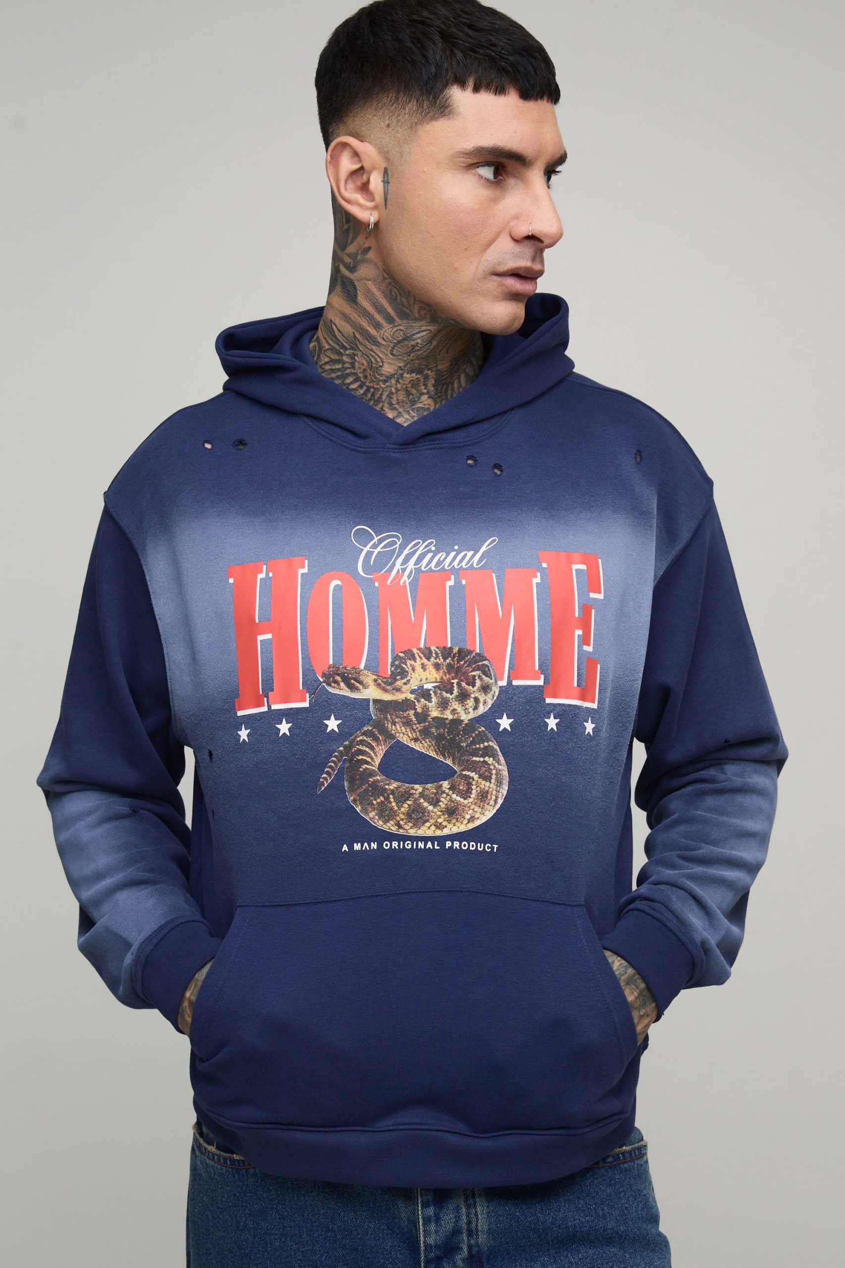 Tall Oversized Boxy Homme Western Spray Wash Distressed Hoodie