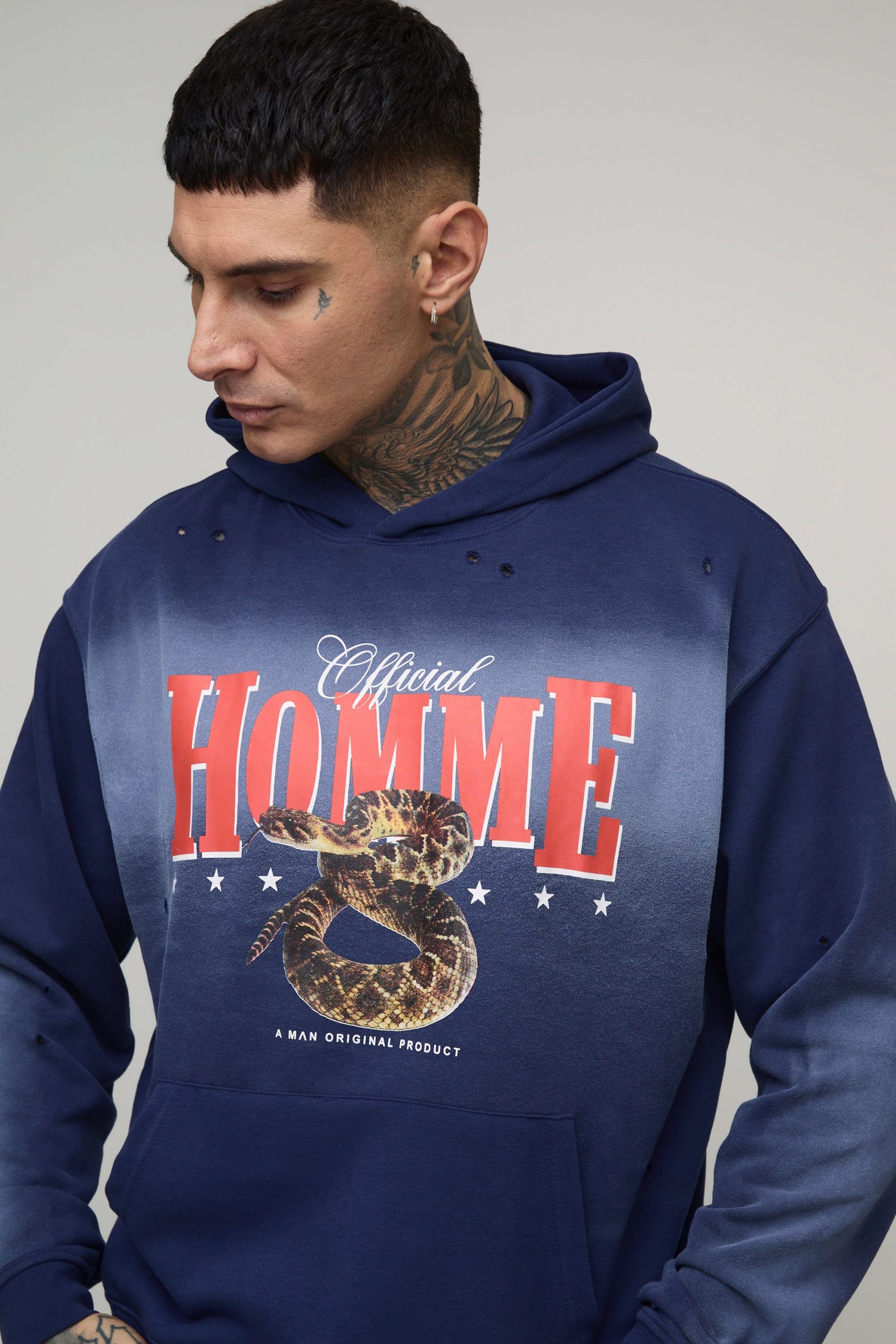 Tall Oversized Boxy Homme Western Spray Wash Distressed Hoodie - Image 3