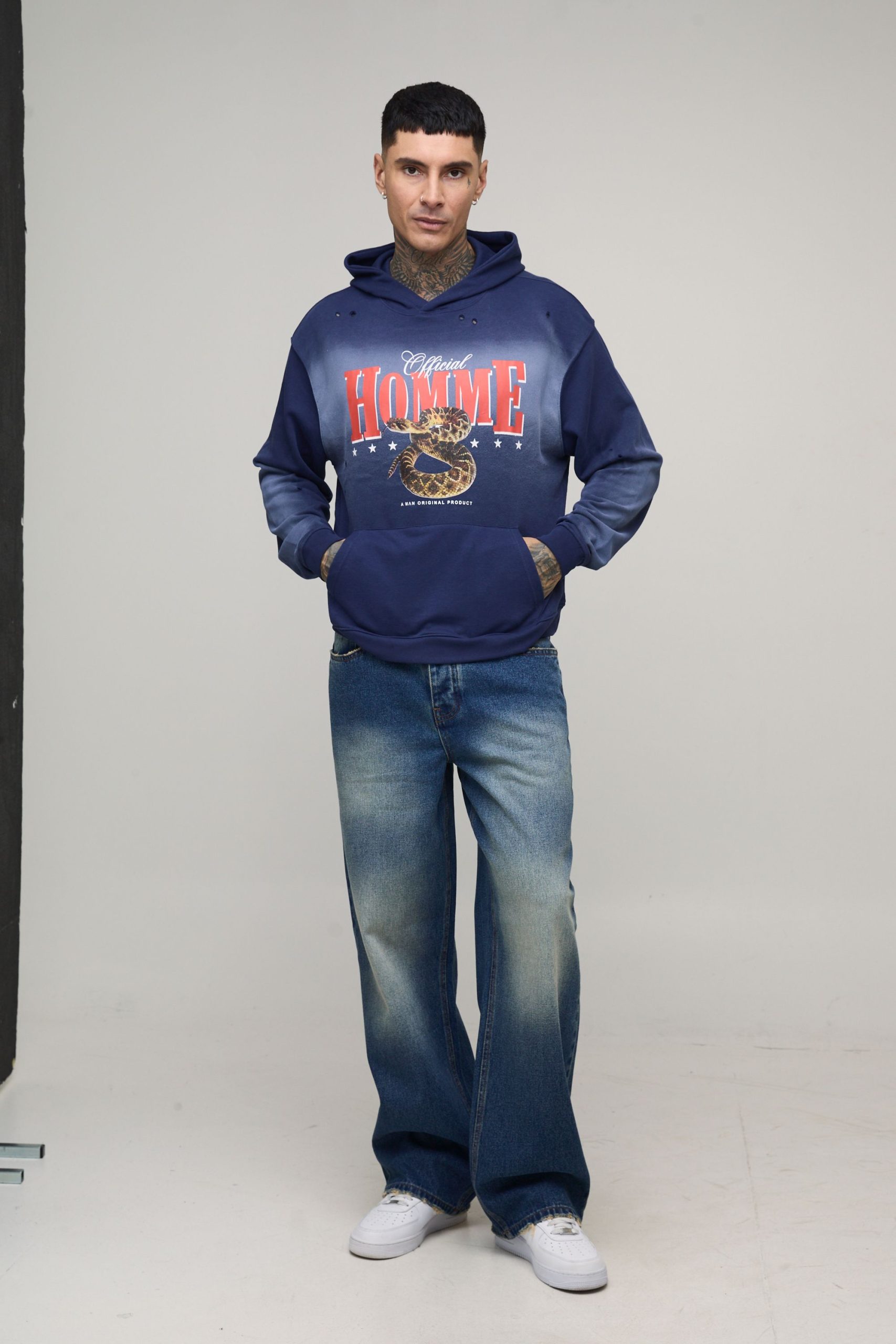 Tall Oversized Boxy Homme Western Spray Wash Distressed Hoodie - Image 4