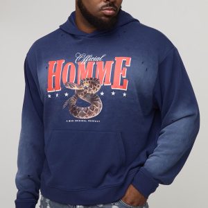 Plus Oversized Boxy Homme Western Spray Wash Distressed Hoodie