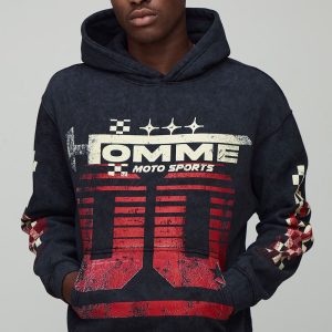 Oversized Boxy Washed Black Moto Racing Graphic Hoodie