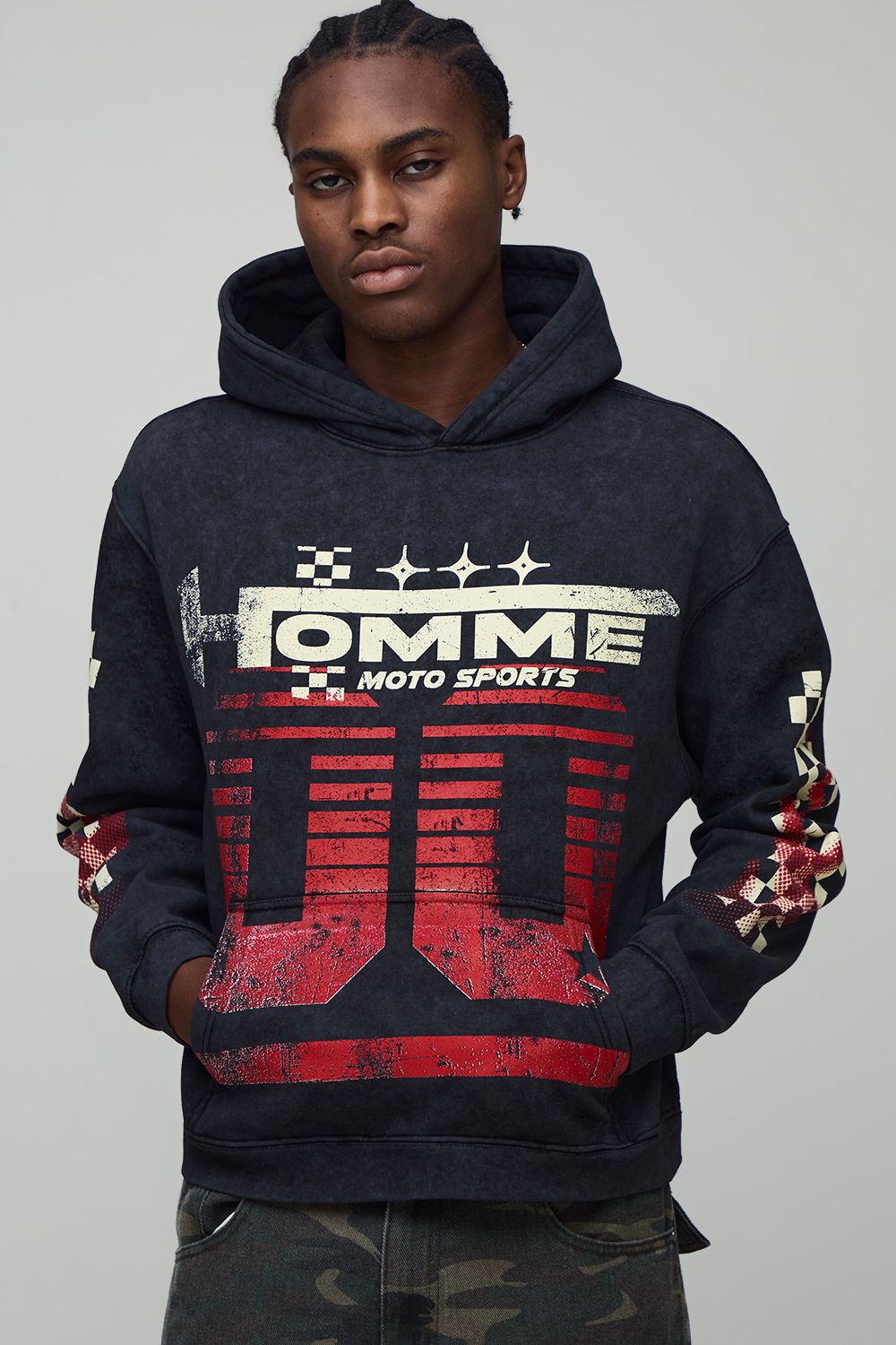 Oversized Boxy Washed Black Moto Racing Graphic Hoodie