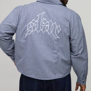 Plus Oversized Boxy Embroidered Micro Check Shirt