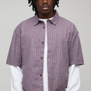 Tall Boxy Oversized Micro Check Faux Layer Shirt