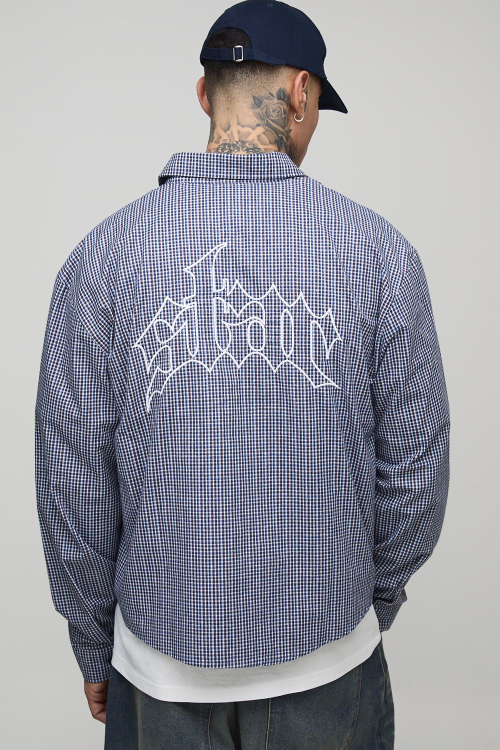 Tall Oversized Boxy Embroidered Micro Check Shirt