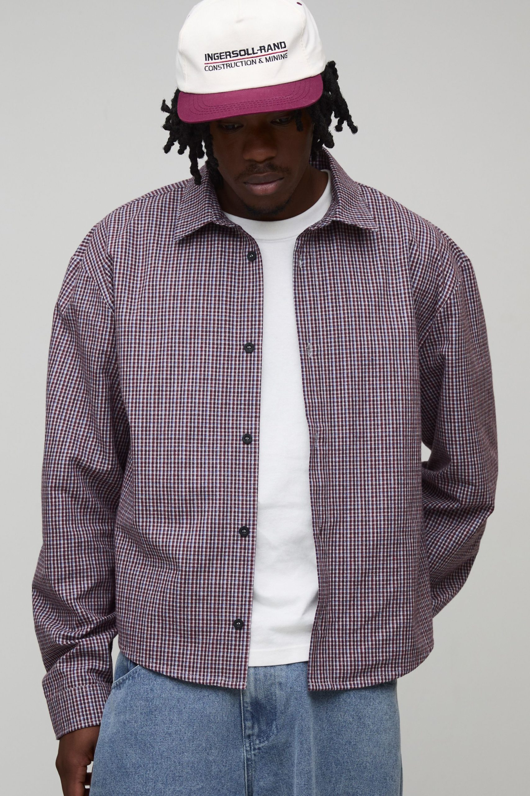 Tall Oversized Boxy Official Depot Print Micro Check Shirt - Image 3