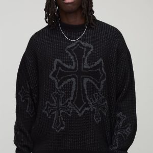 Oversized Boxy Fluffy Cross Jacquard Knitted Jumper