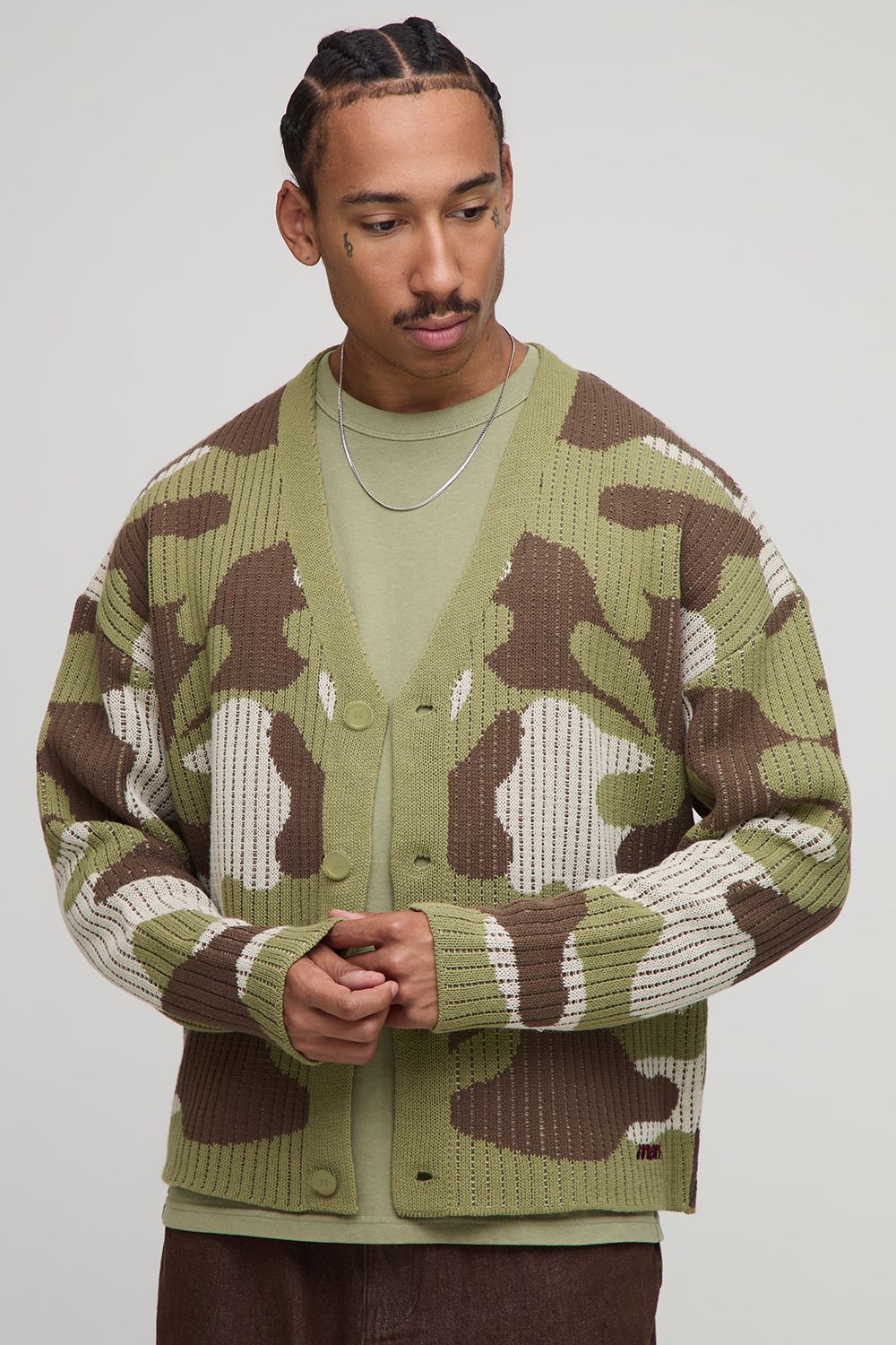 Oversized Boxy Ribbed Camo Knitted Cardigan