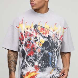 Slate Grey Oversized Extended Neck Gothic Biker Over Seams Heavyweight Premium Graphic T-Shirt