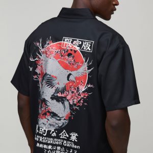 Oversized Boxy Dragon Print Twill Shirt
