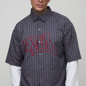 Tall Oversized Boxy Graffiti Applique Faux Layer Micro Check Shirt