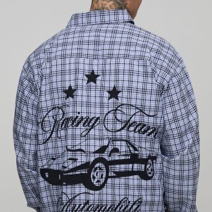 Tall Oversized Boxy Racing Embroidered Micro Check Shirt