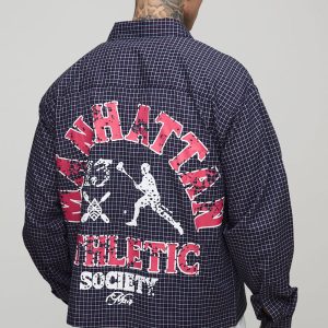 Tall Oversized Boxy Varsity Print Micro Check Shirt