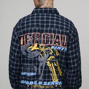 Tall Oversized Moto Back Print Checked Shirt