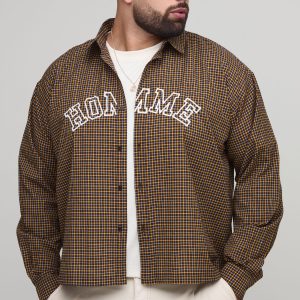 Plus Oversized Boxy Homme Applique Micro Check Shirt