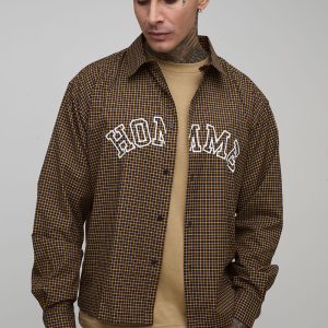 Tall Oversized Boxy Homme Applique Micro Check Shirt