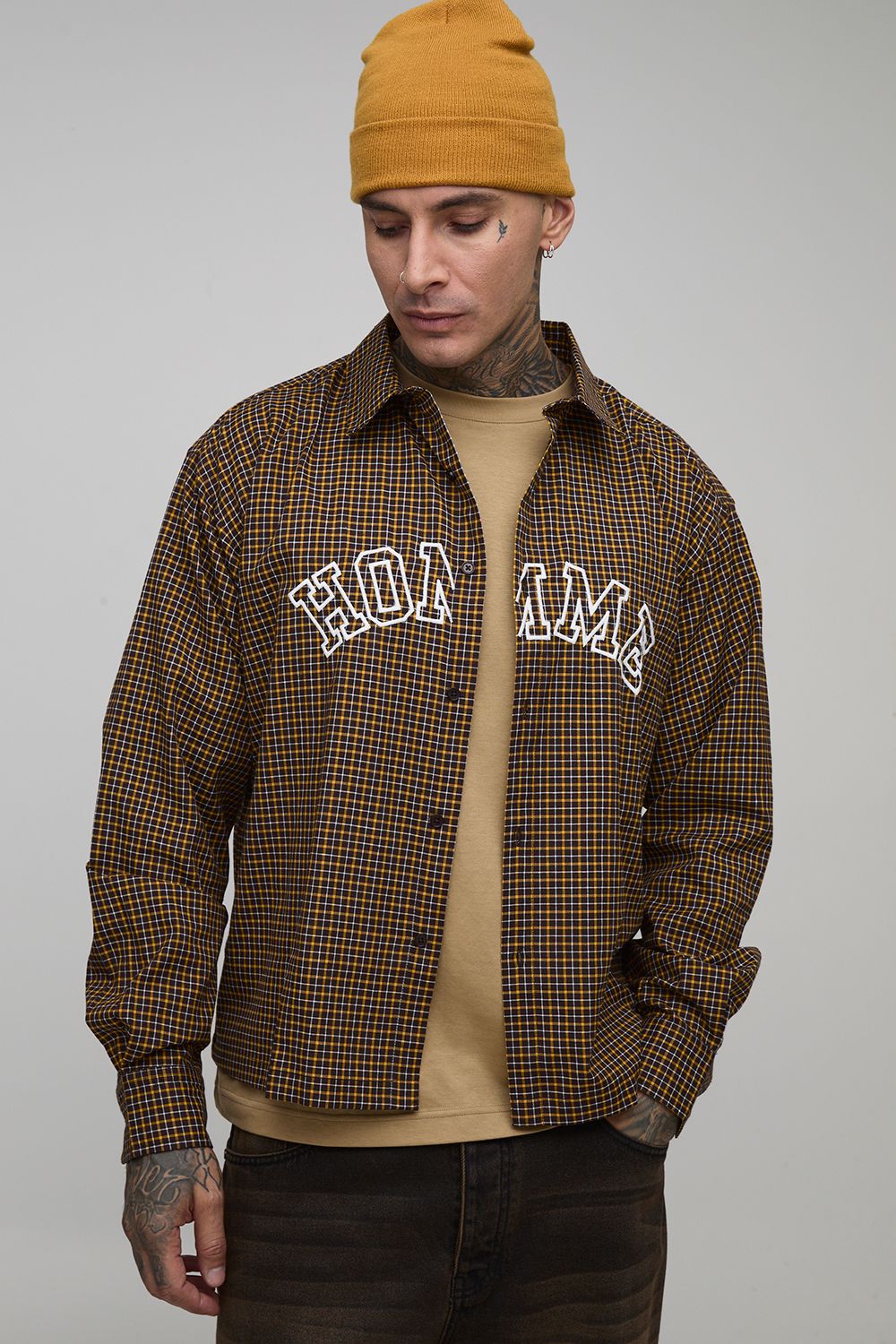Tall Oversized Boxy Homme Applique Micro Check Shirt