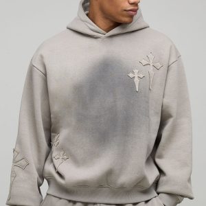 Oversized Boxy Spray Wash Cross Applique Hoodie