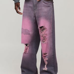 Wide Leg Tinted Rip and Repair Denim Jeans