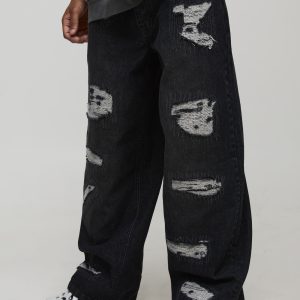 Baggy Fit Washed Stitch Ripped Jeans