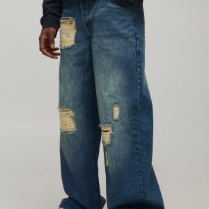 Baggy Fit Stacked Washed Ripped Jeans