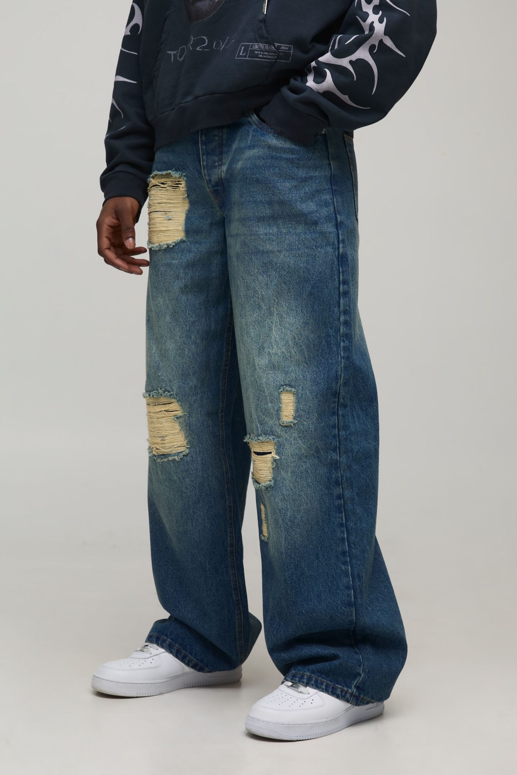 Baggy Fit Stacked Washed Ripped Jeans