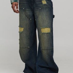 Wide Leg Washed Ripped Carpenter Rigid Denim Jeans