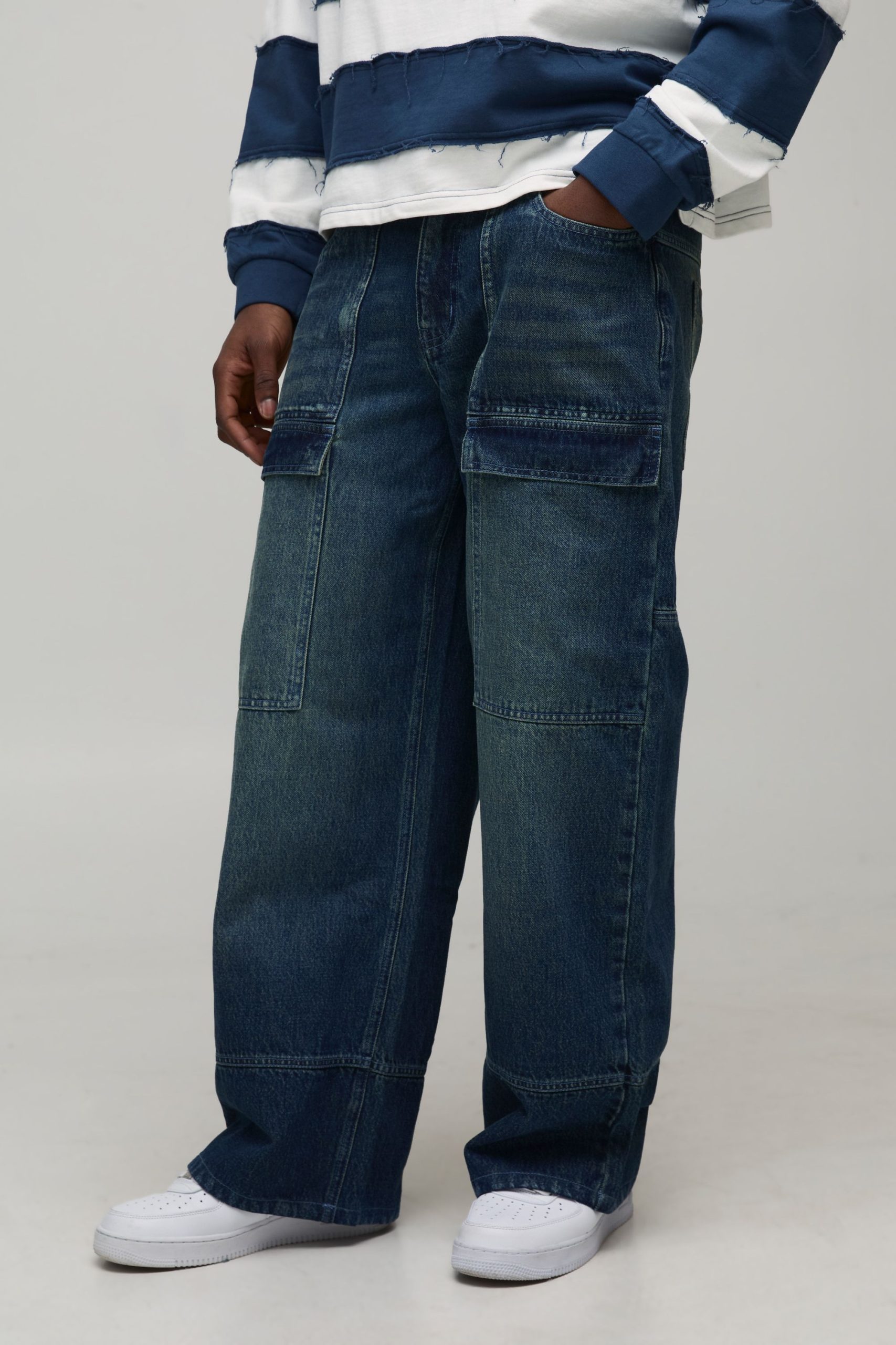Wide Leg Panelled Moto Embossed Jeans