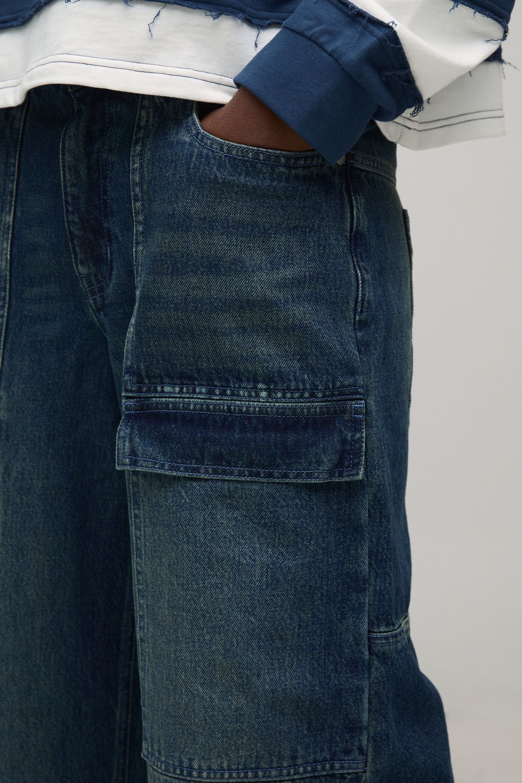 Wide Leg Panelled Moto Embossed Jeans - Image 3