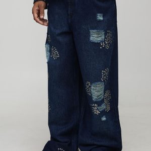 Wide Leg Rip & Repair Studded Jeans