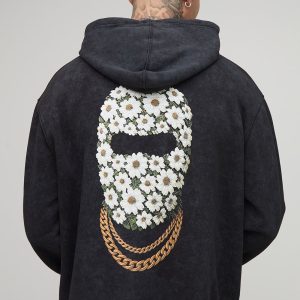 Tall Oversized Man Daisy Ski Mask Acid Wash Hoodie